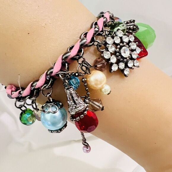 Art Glass Dangle Charm Bracelet Faux Pearl Leather Rhinestone Dangle Green Orang - Picture 3 of 9